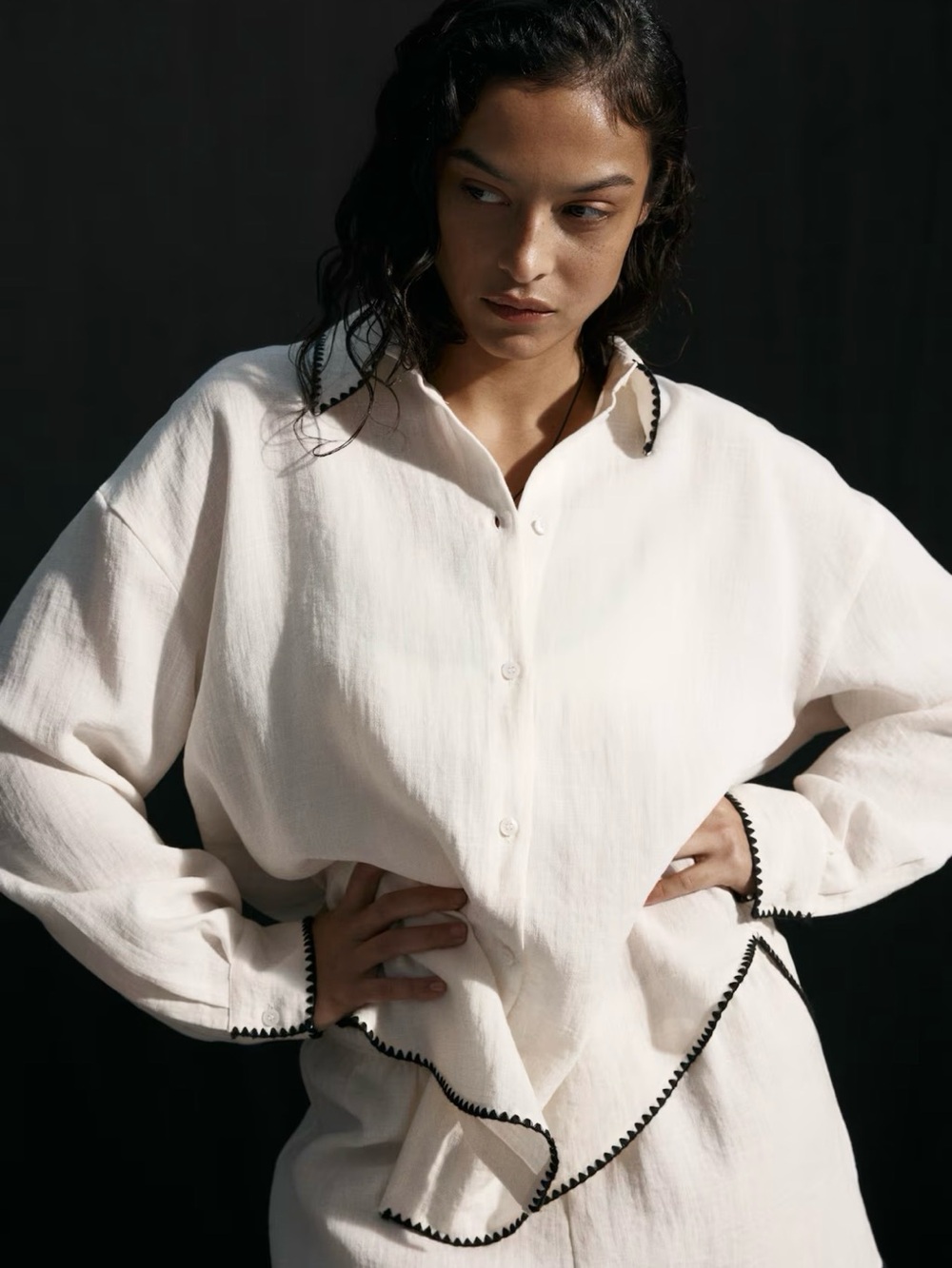 Cream Button-Down Shirt with Contrast Trim - Women’s